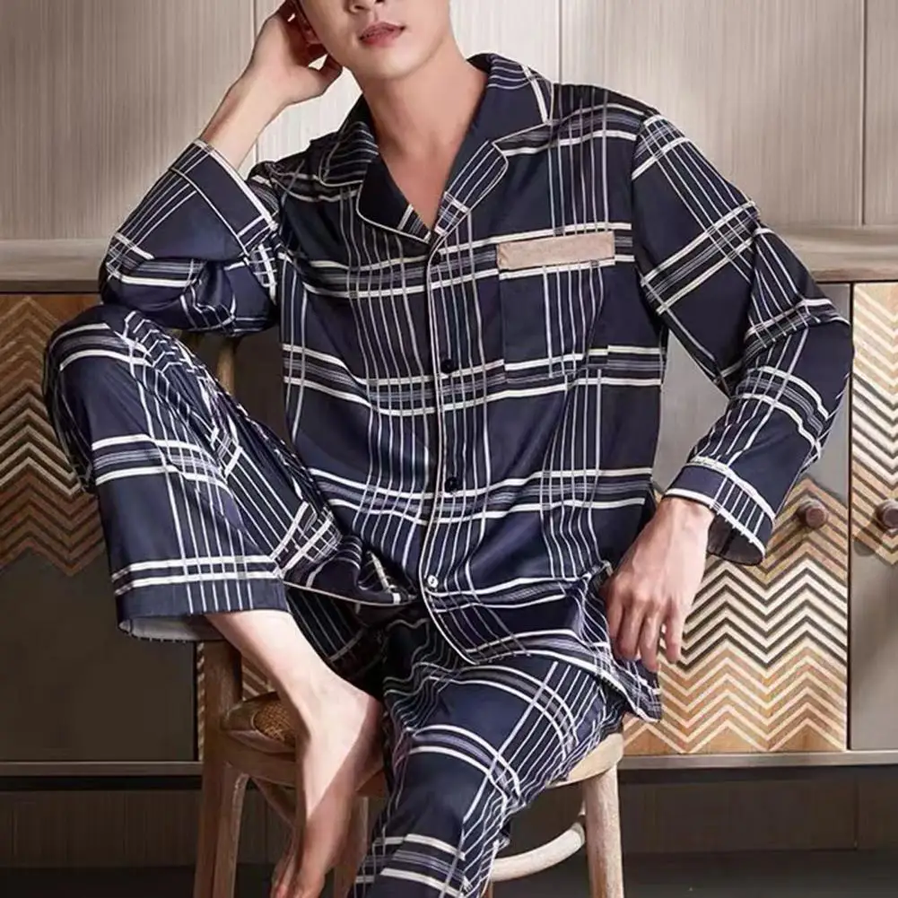 Мужской пижамный комплект Свободного кроя, комплект одежды для отдыха, Полосатый мужской пижамный комплект с отложным воротником, широкие штанины для осени, удобные