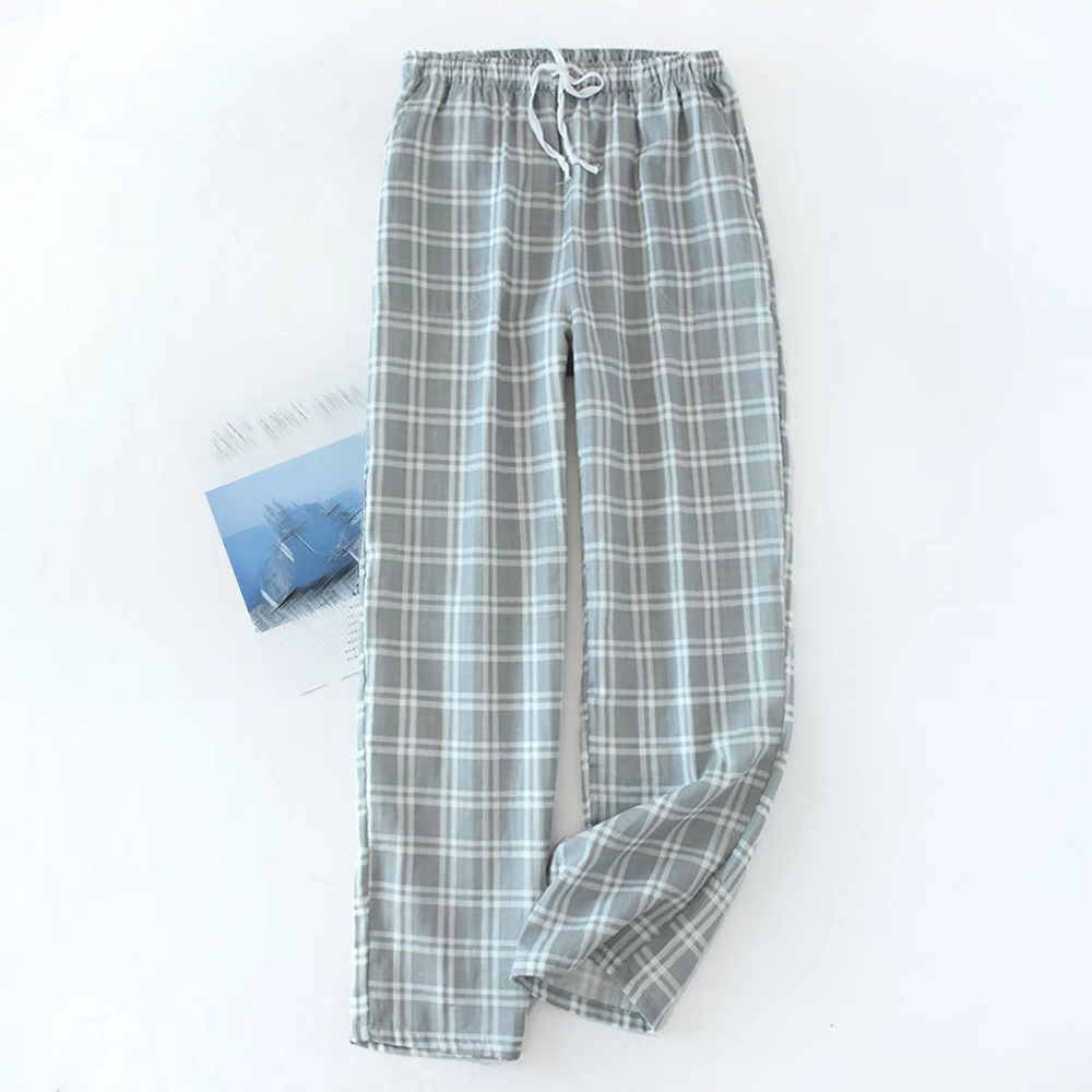 Удобные хлопковые пижамные штаны для мужчин, брюки свободного кроя с эластичной резинкой на талии, идеально подходящие для летней пижамы, синий / серый / зеленый