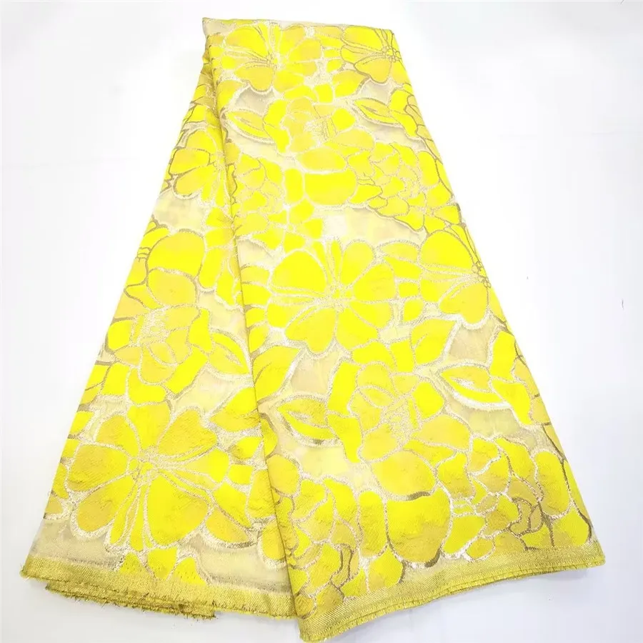 Желтая Африканская парча, жаккардовая ткань, французский тюль с цветочным рисунком, сетчатое кружево, Органза, сетчатый материал, Нигерийская ткань Brocard, 5 Ярдов WJ7