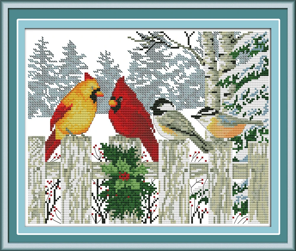 Набор для вышивания крестиком Joy Sunday Easy Pattern Aida, набор для вышивания из тисненой ткани - Птицы на заборе зимой