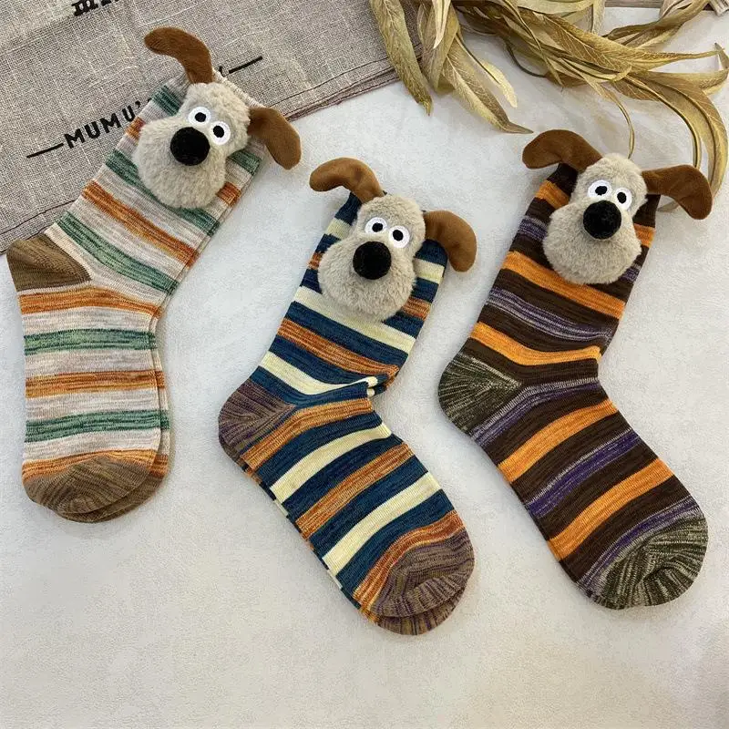 Кавайные милые носки Gromit, носки средней длины, Вязаные носки в полоску, Дофаминовый зимний теплый тренд, мультяшный Рождественский подарок для девочек