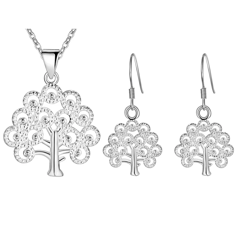 Стерлингового серебра 925 пробы Красивое дерево кулон ожерелья серьги ювелирные наборы для женщин Мода вечеринка свадьба обручальные подарки