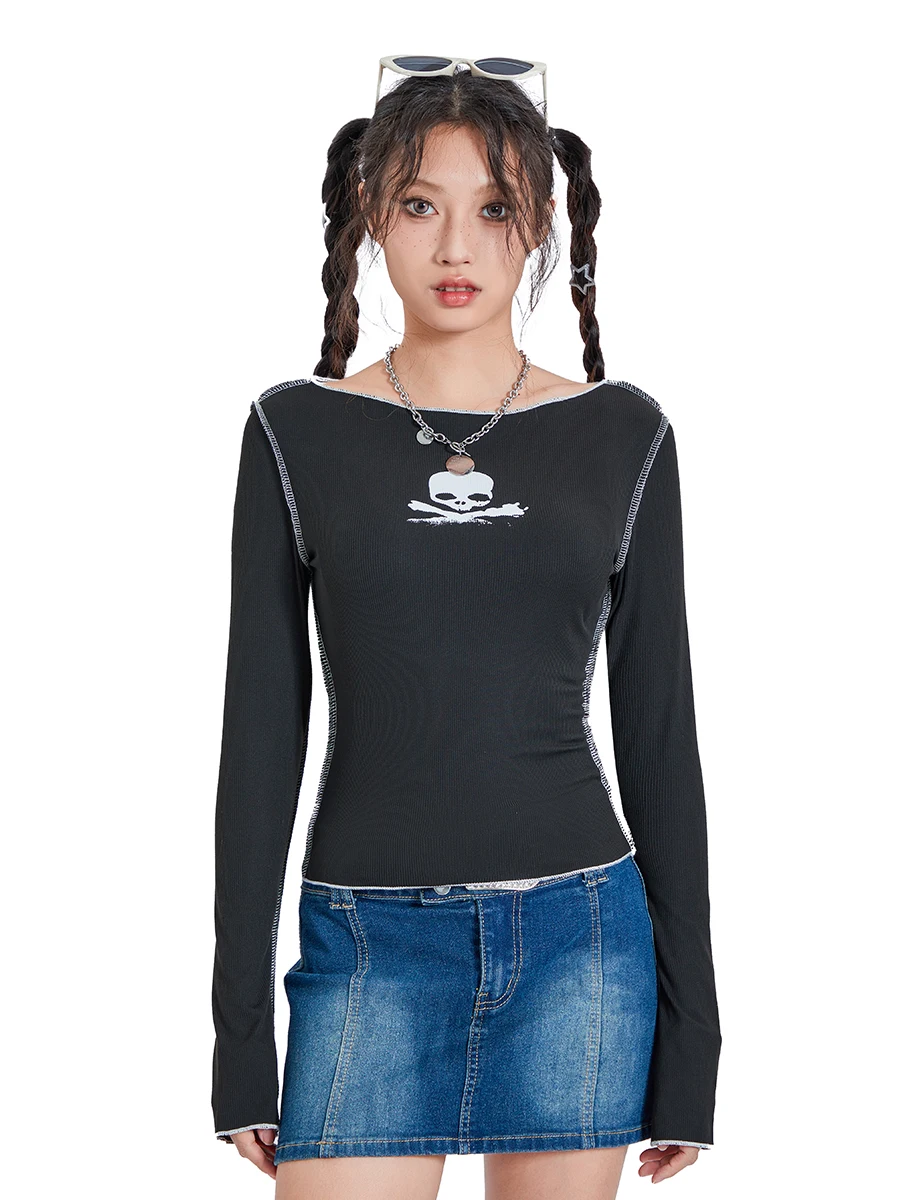 Женские укороченные топы в готическом стиле, футболка с длинным рукавом и круглым вырезом, блузки с принтом черепа, одежда в стиле гранж