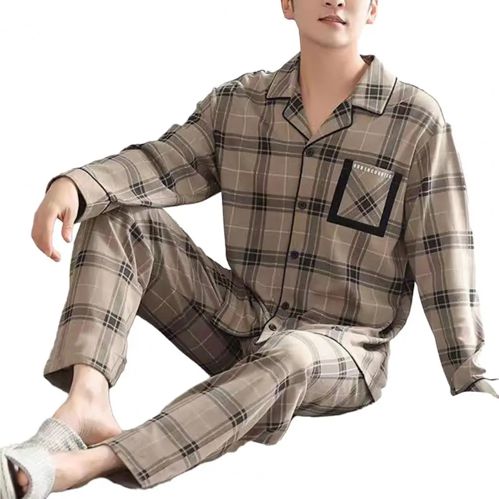 Мужской пижамный комплект Свободного кроя, комплект одежды для отдыха, Полосатый мужской пижамный комплект с отложным воротником, широкие штанины для осени, удобные