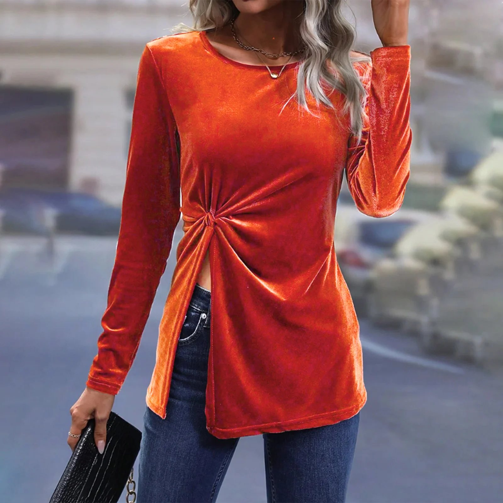 Женская винтажная тонкая футболка с длинным рукавом, круглым вырезом, скрученным разрезом, однотонные женские осенние топы, уличная одежда