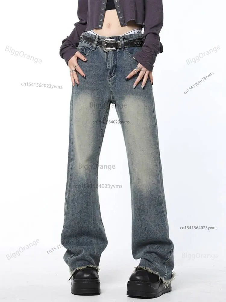 Женские джинсы со звездной нашивкой, Харадзюку, Хай-стрит, винтажные джинсы с необработанным краем и высокой талией, женские повседневные джинсы с потертостями, женские брюки