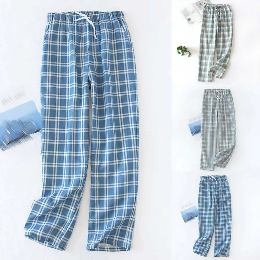 Удобные хлопковые пижамные штаны для мужчин, брюки свободного кроя с эластичной резинкой на талии, идеально подходящие для летней пижамы, синий / серый / зеленый