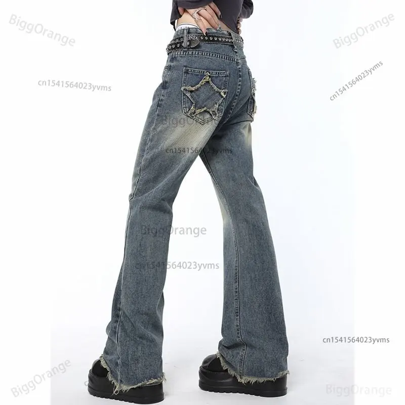 Женские джинсы со звездной нашивкой, Харадзюку, Хай-стрит, винтажные джинсы с необработанным краем и высокой талией, женские повседневные джинсы с потертостями, женские брюки