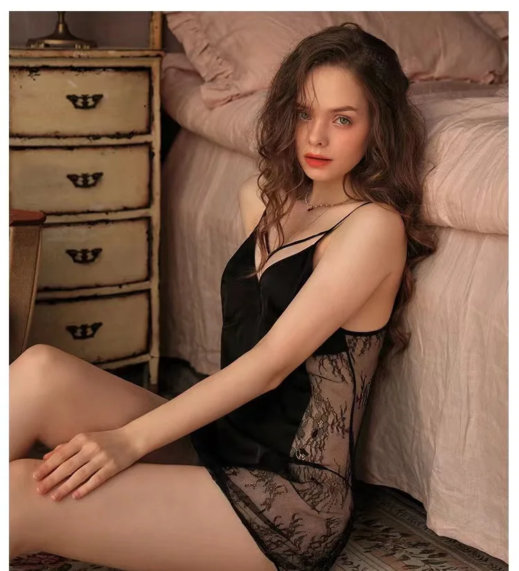 Летняя новая сексуальная ночная рубашка с перекрестными ремешками черная тонкая пижама из шелка льда женское соблазнительное сексуальное женское белье с кружевным краем платье