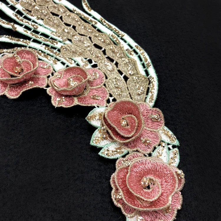 1 пара 40x14 см, золотисто-розовая 3D цветочная вышивка, тканевые наклейки, украшение для Чонсам, вышивка, Пришитая Кружевная аппликация