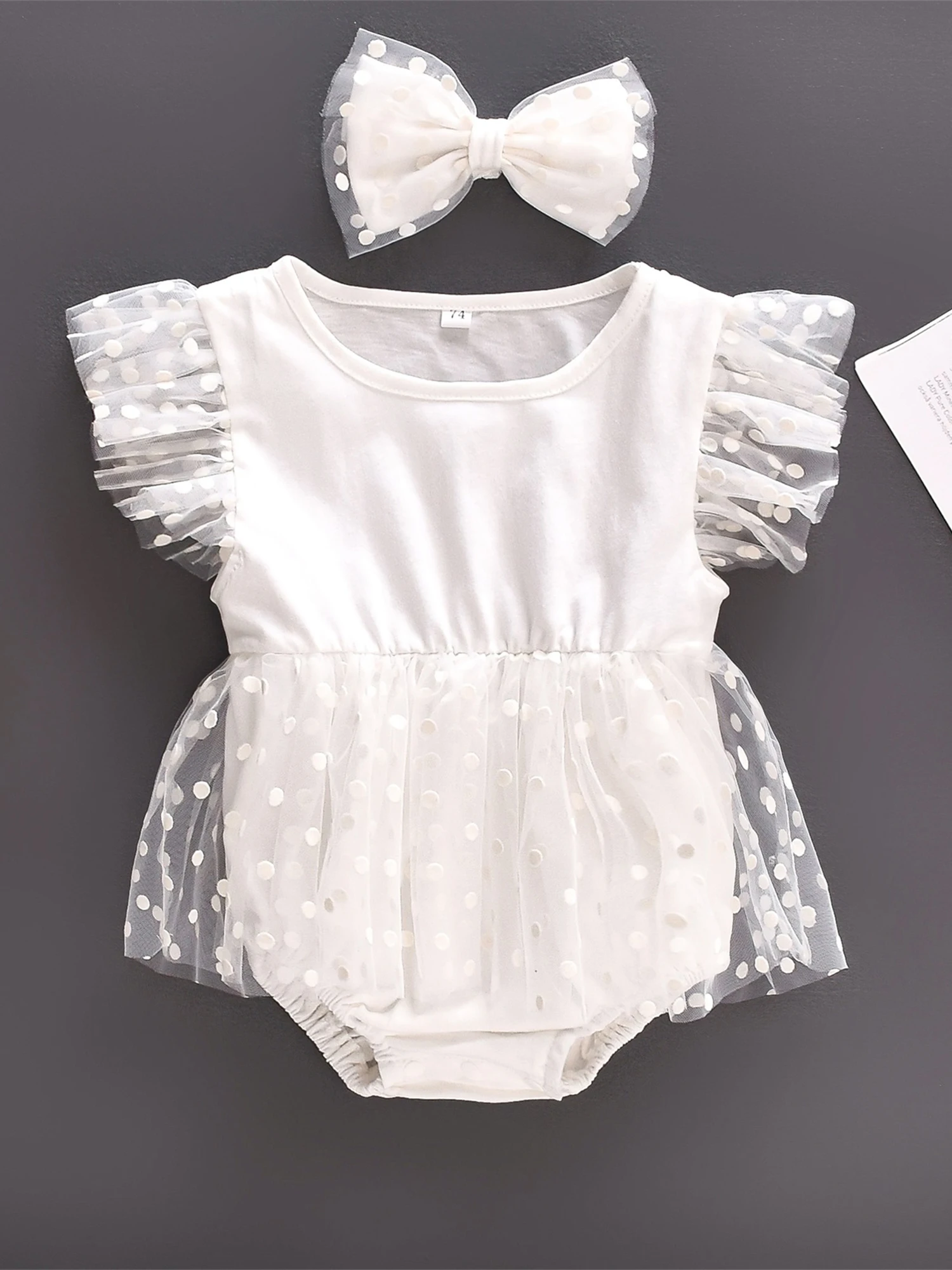 Очаровательное платье-комбинезон с принтом в горошек для новорожденных, фатиновое лоскутное шитье и повязка на голову с бантом для летних нарядов для маленьких девочек